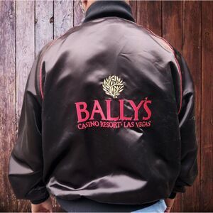 Vintage Bally’s Casino Las Vegas XL Black Satin Bomber Jacket Back Embroidery